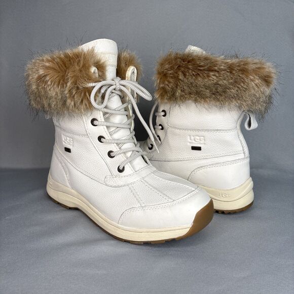New Womens UGG Snow Boot Adirondack III White Leather Laced Up Fur Cuff $250 10 - Picture 4 of 16